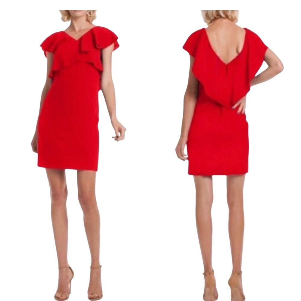 Trina Turk Ruffle Crossover Bright Red Pencil Dress Size 2 Romantic feminine